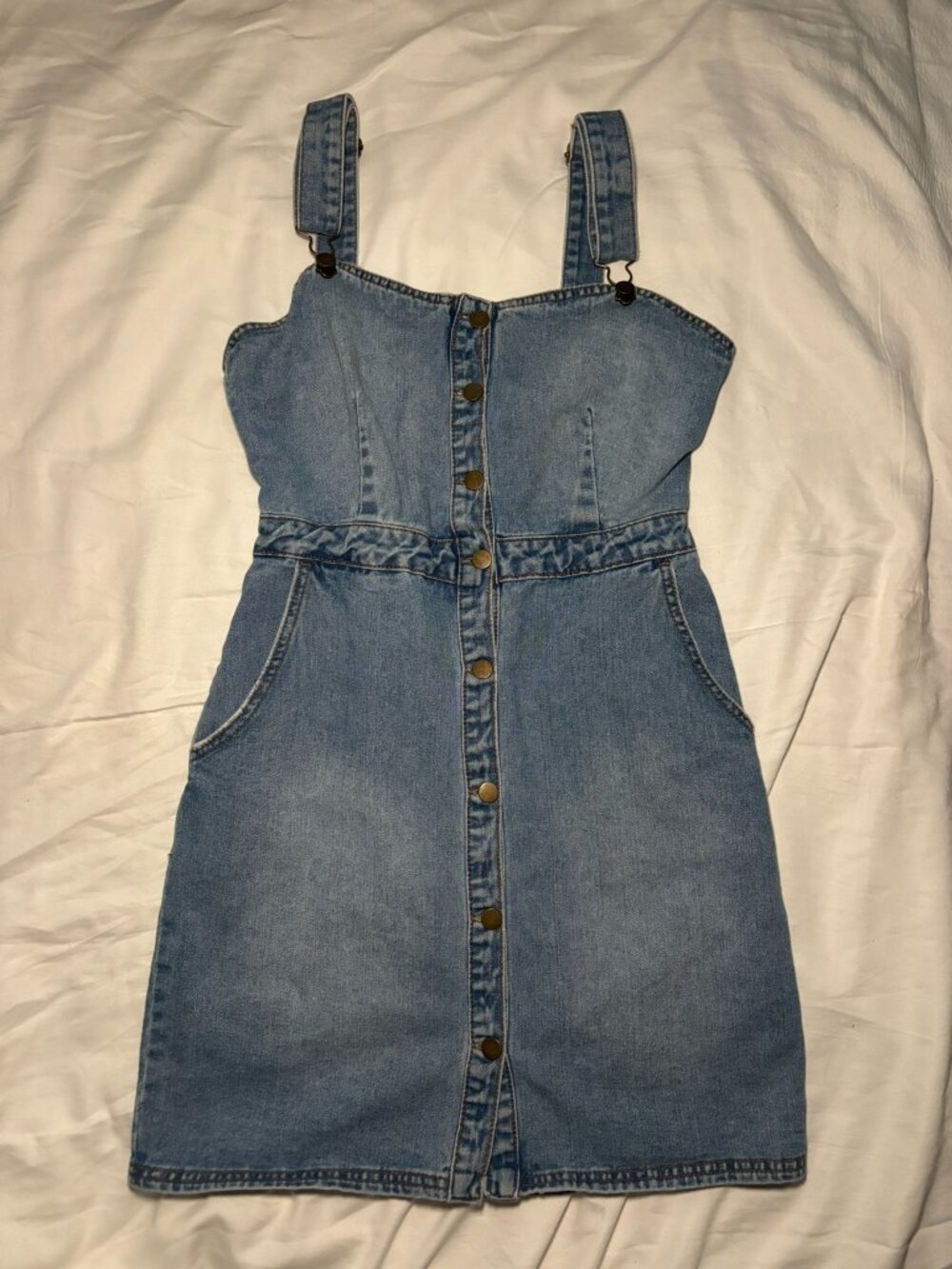 Billabong Sz Medium Y2K Denim Mini Dress Button Strappy Cottagecore *Fits like S